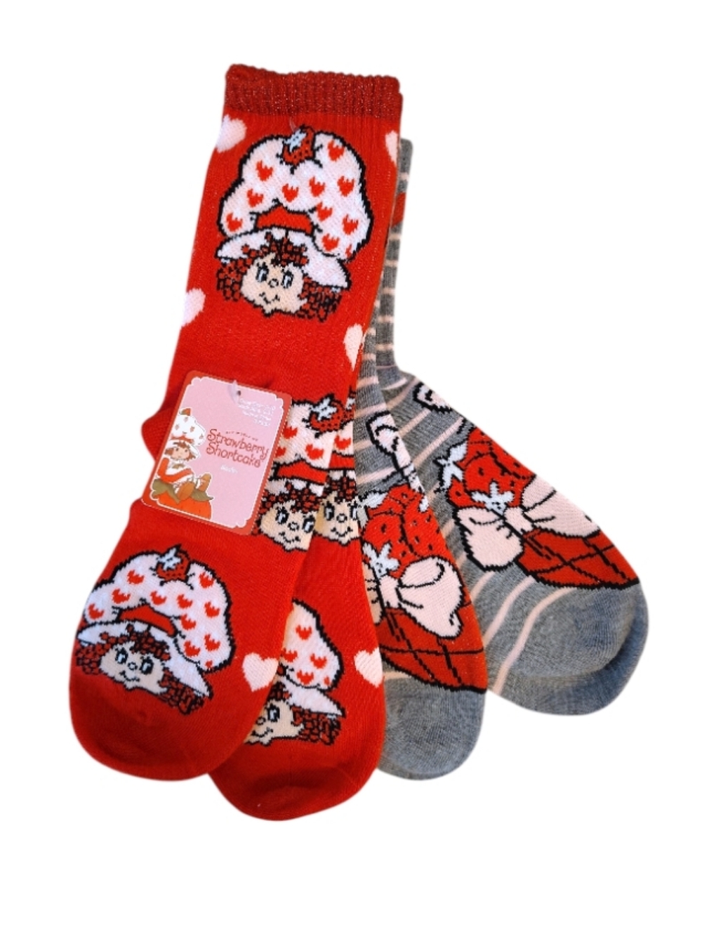 Strawberry Shortcake 2 Pairs Red & Gray Printed Crew Socks NWT